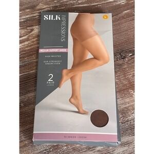 SILK IMPRESSIONS Medium Support Sheer High Waisted Tights Cocoa Size Large 2 Pr